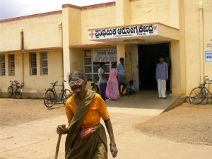 An old woman walks out of the Pattanayakanahalli PHC in Tumkur district of Karnataka. PHCs are the first line health services for most of the rural poor.