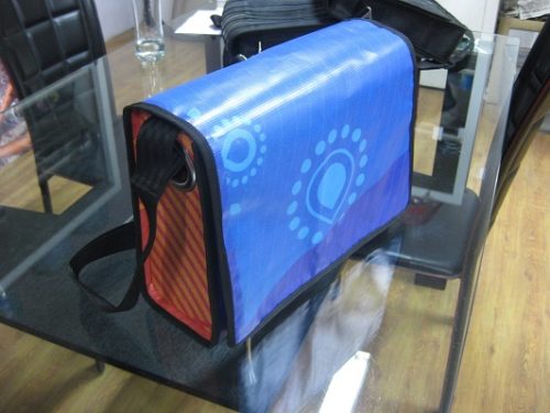 Sample Commonwealth Games messenger bag developed for Conserve India’s new vinyl product range