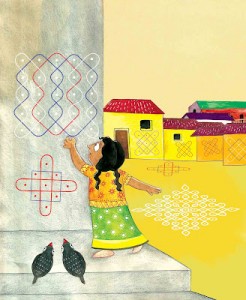 The story chosen for these sessions was "Susheela's Kolams", about a girl who loves Kolams (a form of painting with rice powder/chalk) and dreams big