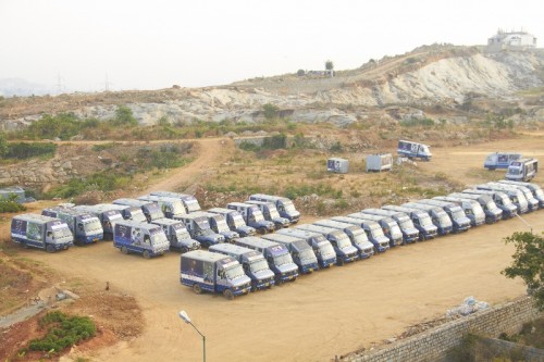 Delivery vans ready to leave Akshaya Patra kitchen