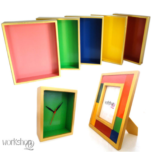 Colour-blocked Aluminium range of trays, clocks and photo frames