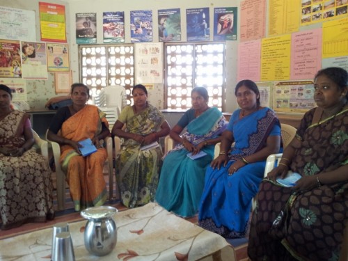 Some of Grameena Mahila Okkuta's governing board members meet at their headquarters in Yalagondanahalli village, Mulbagal taluk