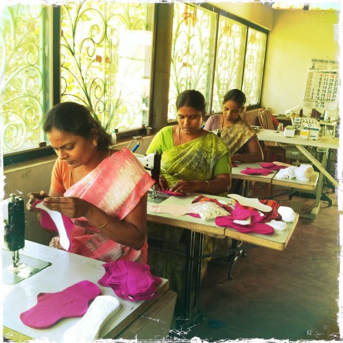 Women stitching the cloth napkins at the facility in Auroville, Pondicherry 