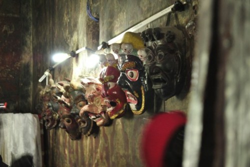 Masks on display at the Kali Mata Mandir, which shares the premises with Spituk. The masks are in the inner sanctum where the idols of gods are, and all their faces are covered with cloths because mortals are only allowed to see them on special occasions.