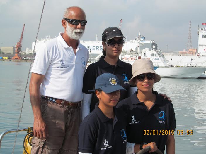 Cmdr Gutta Sowjanya Sree and Lt Vartika Joshi from the Navy and Asst Cmdt Vasundhara Chouksey from the Coast Guard have braved the  rough seas between Chennai and Kochi as part of an expedition aboard the INSV Mhadei under the leadership of Commander Dilip Donde. (Credit: Hema Vijay\WFS)