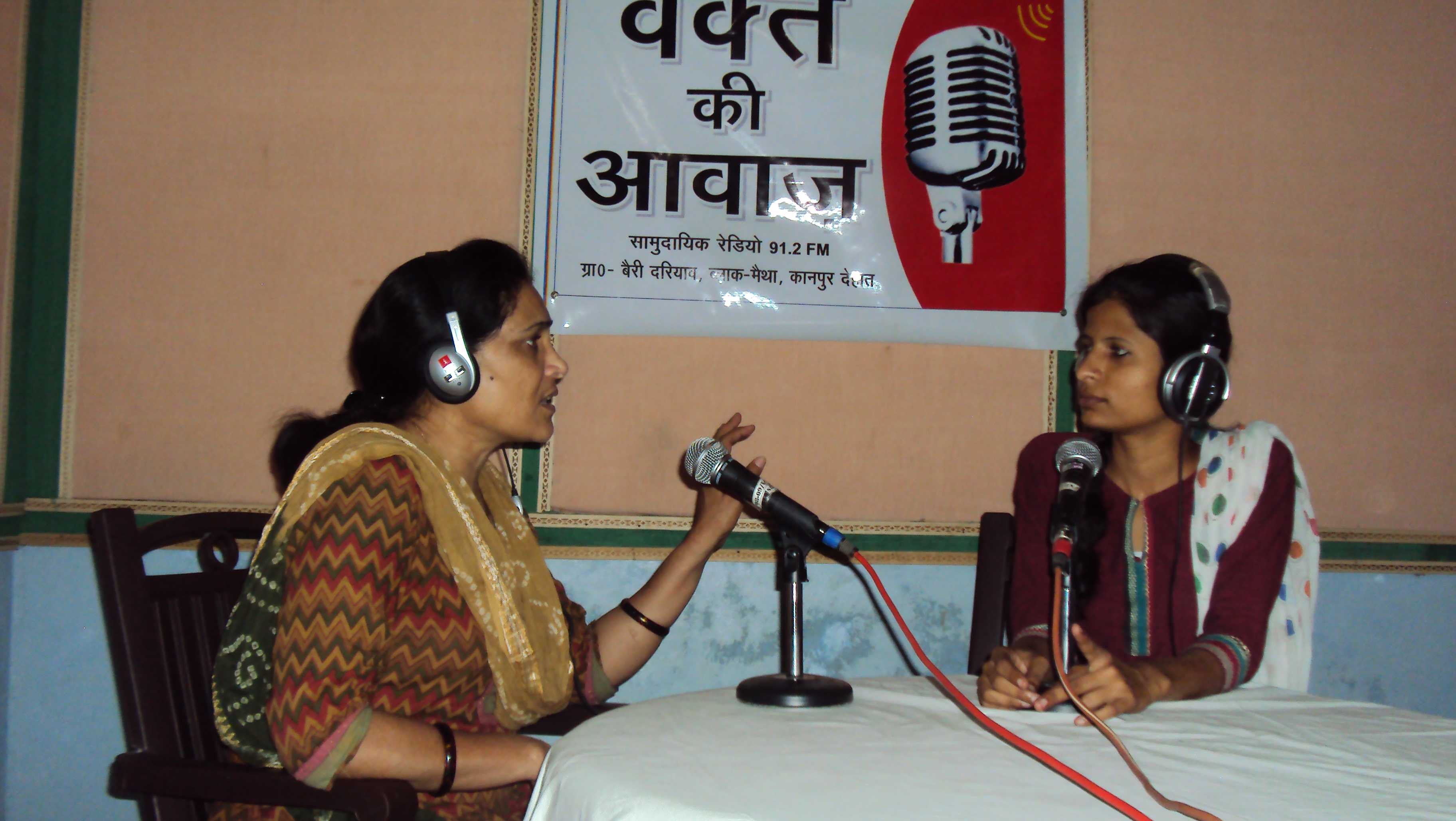 Radha Shukla (left) is the station manager of Waqt Ki Awaaz, which broadcasts programmes in Awadhi language to 300 villages in the Kanpur Dehat district in Uttar Pradesh. (Courtesy: Sharamik Bharti)