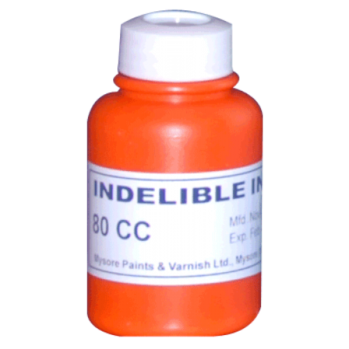 An 80 ml plastic phial of Indelible Ink manufactured by the Mysore Paints and Varnish Limited.