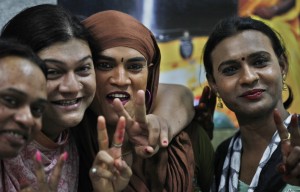 Images of transgender persons making victory sign