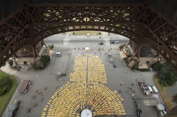 Bird's eye view of the yoga day celebration under the Eiffel Tower in Paris