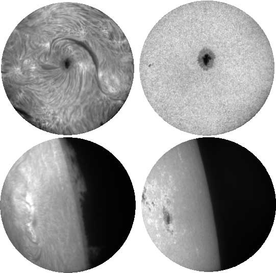 Top row: Chromospheric (left) and Photospheric (right) images of a sunspot taken in H-alpha (656.3nm) and G-band (430.5 nm) wavelengths. The sunspot is part of an active region NOAA# 12356, taken on 04 June 2015, 05:13UT. Bottom row: Chromospheric (left) image of a prominence seen off the solar limb in H-alpha and the corresponding photospheric (right) image in G-band wavelengths taken on 05 June 2015, 04:13 UT. 