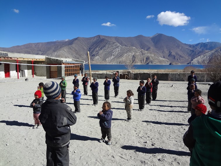 Middle School Merak, right beside the Pangong Tso lake with 35 children singing their morning prayers, altitude - 14098 ft.