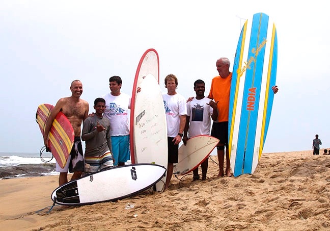 Murthy with Jonty Rhodes (centre) and the 'Surfing Swami' Jack Hebner (extreme right)