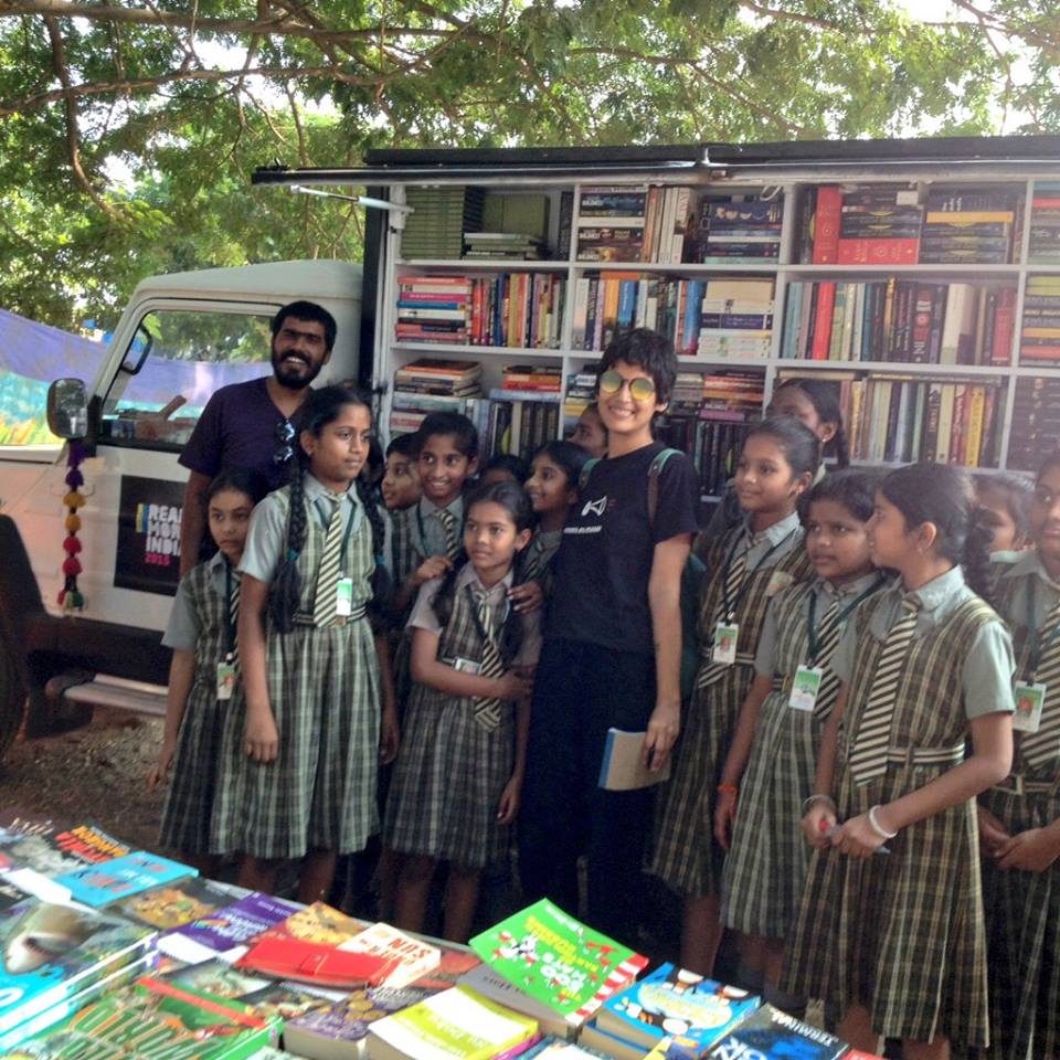 Schoolchildren visiting the mobile library at Khammam, Telangana.