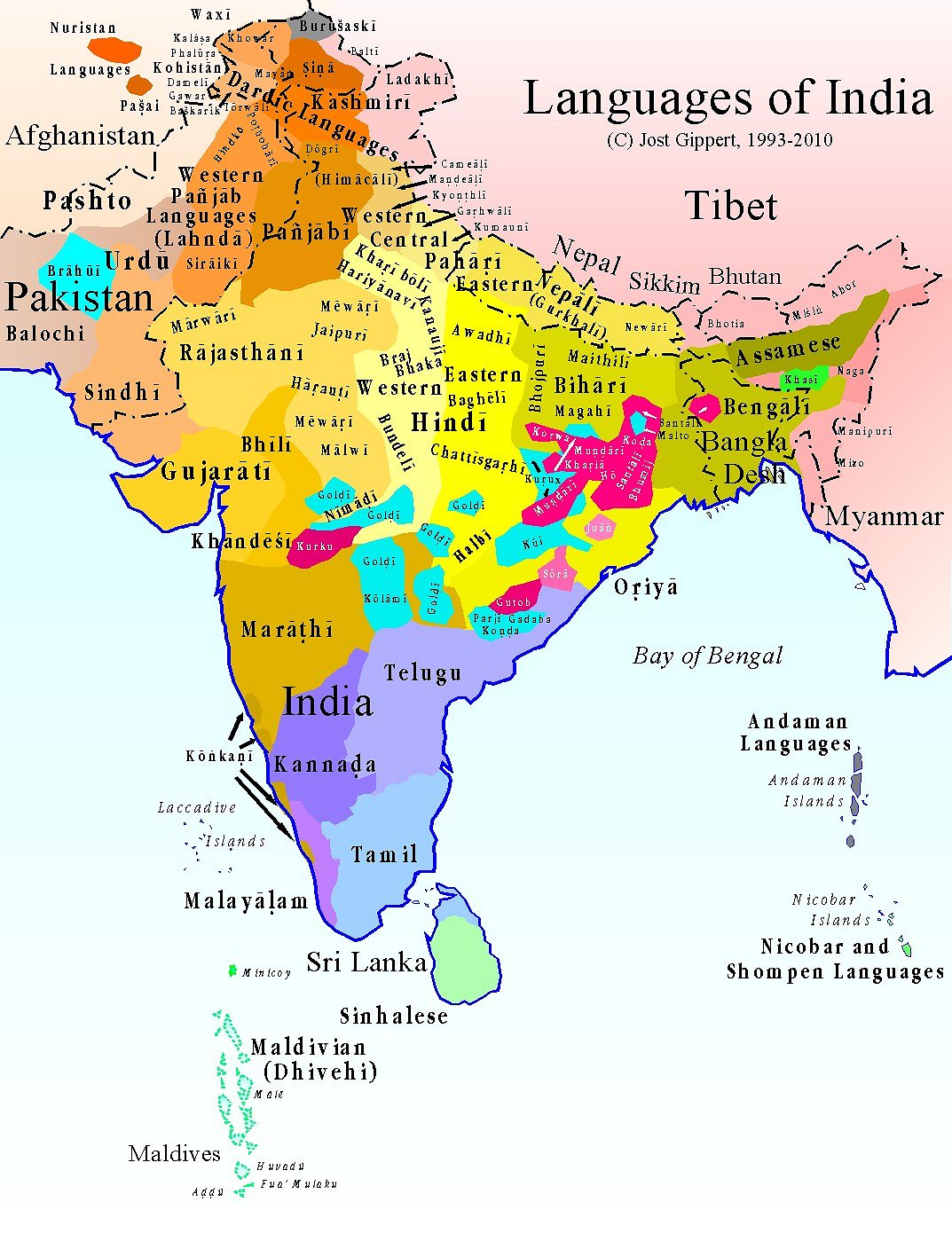 Most Dravidian languages are spoken in South India, with the exception of Brahui, which is spoken in Pakistan.