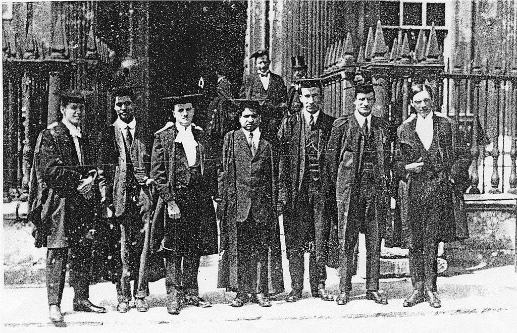 Srinivasa Ramanujan (centre) with other scientists at Trinity College at the University of Cambridge.