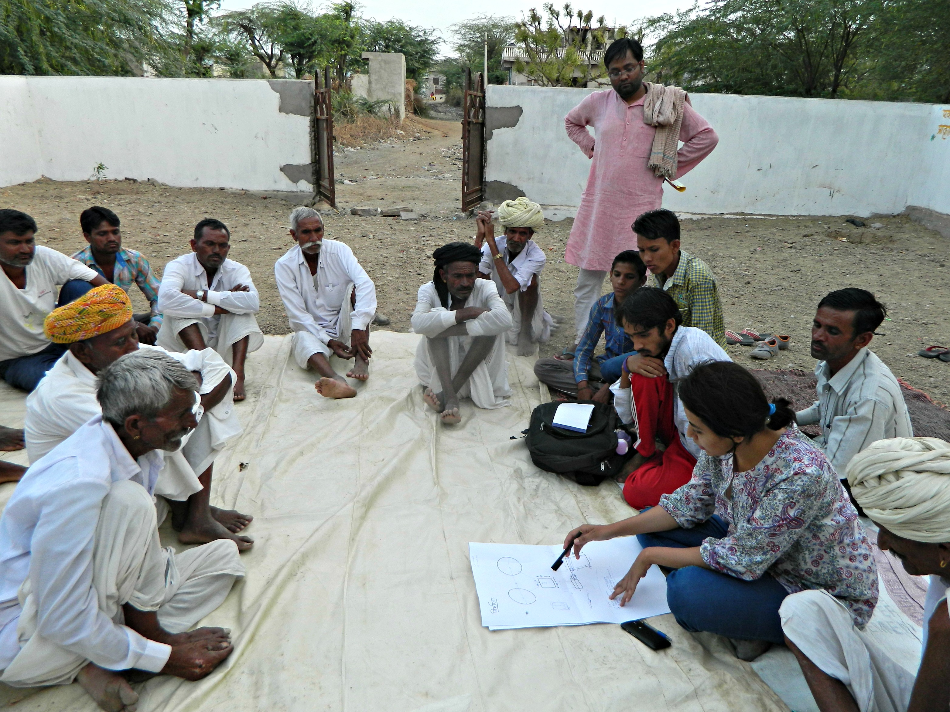 Suriya discussing the toilet with residents of Tiloynia