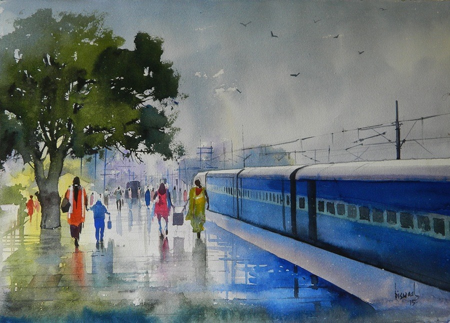 Indian Railway Station Painting by Rekha Jain | Saatchi Art