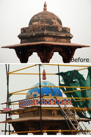 The canopy before and after restoration work, with specialized glazed tiles