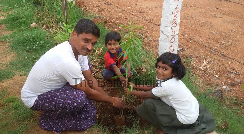 Harikrishna Kuragayala planting saplings with his children 