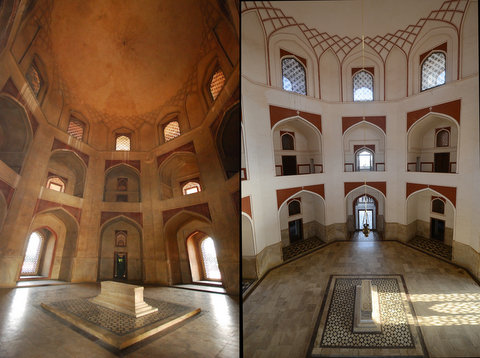 The main hall of Humayun's tomb, before and after restoration work 