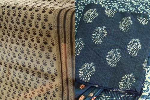 (L) Coloured Bagru motifs on a cream or dyed ground (R) Mud-resist dabu print on a natural indigo ground