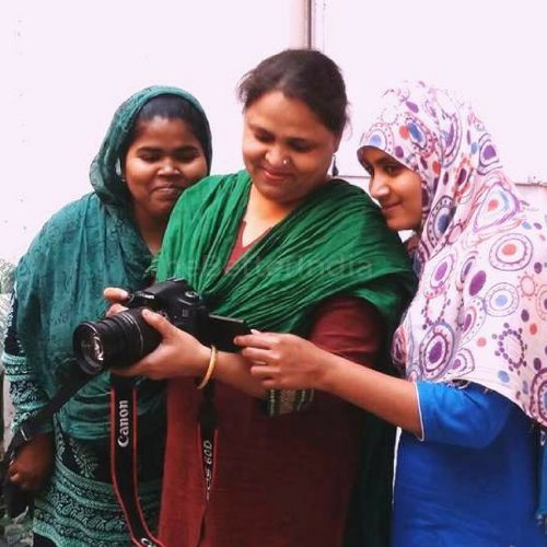 Kehkashan Beg (centre) along with Saira Khan (left) and Aisha Khatoon are running the film unit at Sanatkada, Lucknow. (Credit: Mehru Jaffer\WFS)