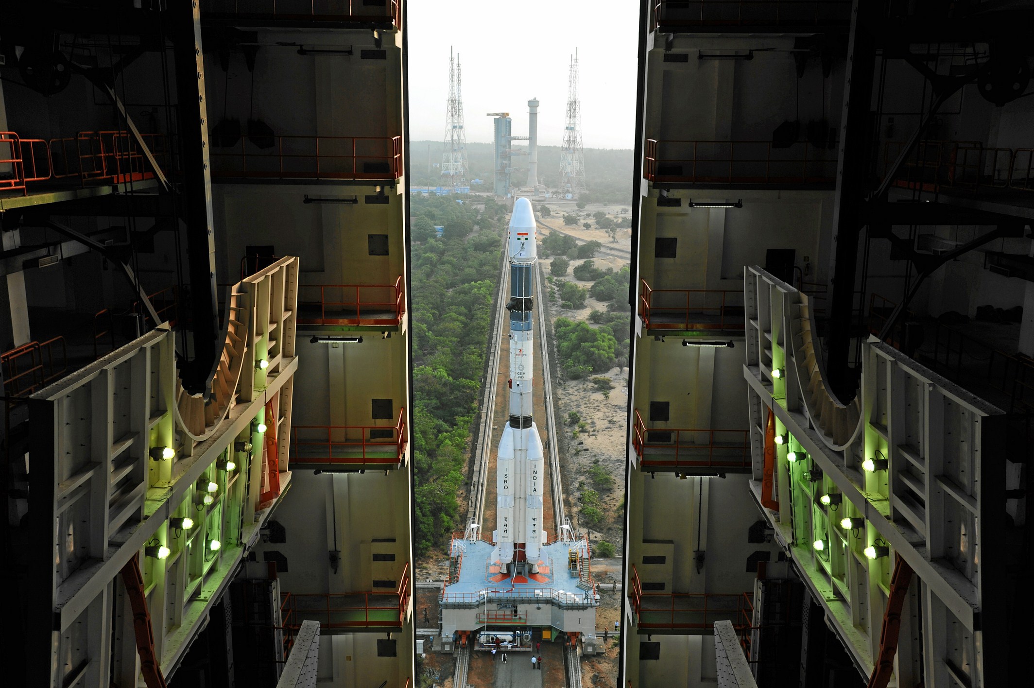 Fully integrated GSLV-F05 coming out of the Vehicle Assembly Building