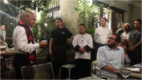 Phrang Roy (left) congratulates Chef Sean Sherman (centre left) and Chef Joel Basumatari (centre right) for finedine experience with indigenous ingredients and recepies at the ITM Kitchen 2016.