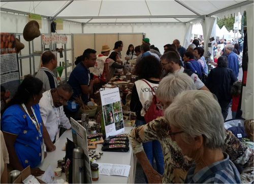 The Keystone Foundation display of coffee and honey in the foreground and the NESFAS stand showcasing the poster of the Khasi Mandrin and a host of spices to explore. 