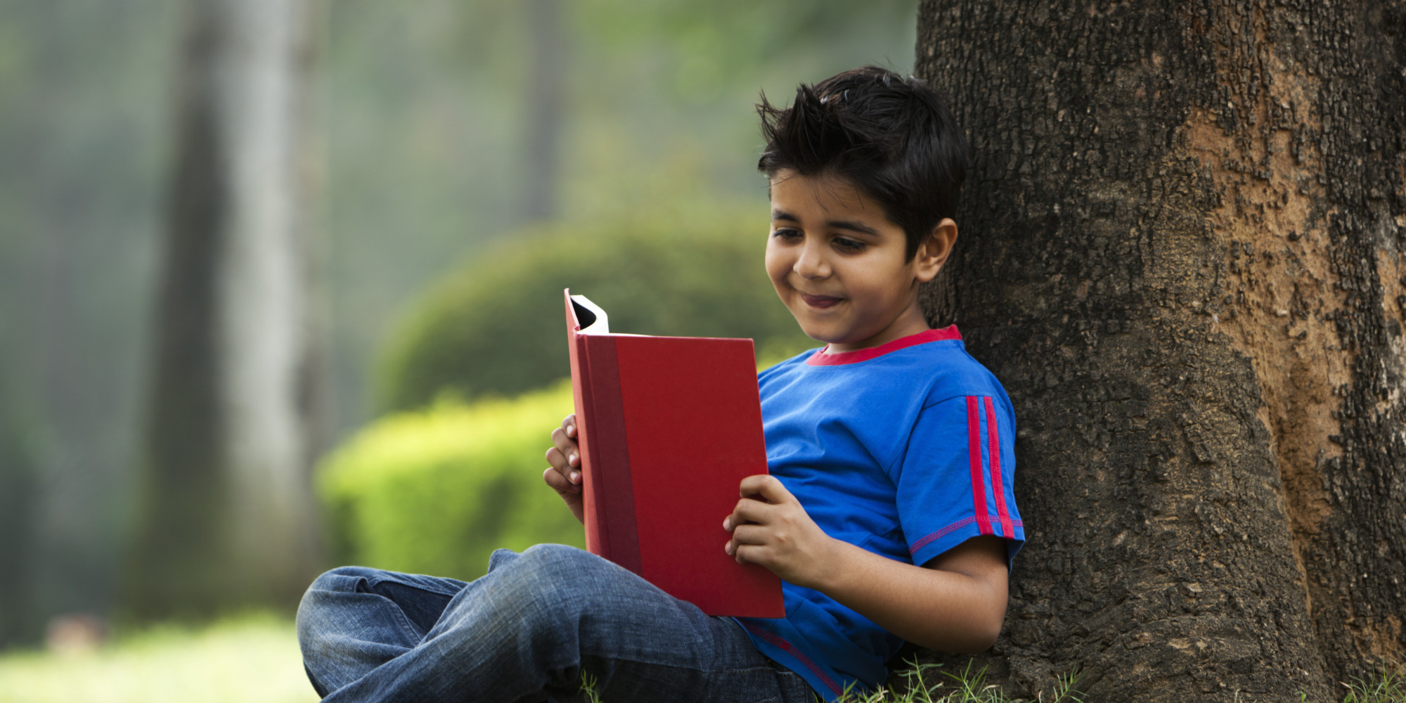 Boy (6-7) reading book under tree