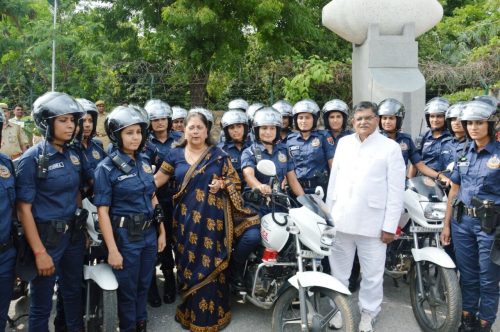 Rajasthan chief minister Vasundhara Raje was there to encourage the patrolwomen on their first day of duty. (Credit: Renu Rakesh\WFS)