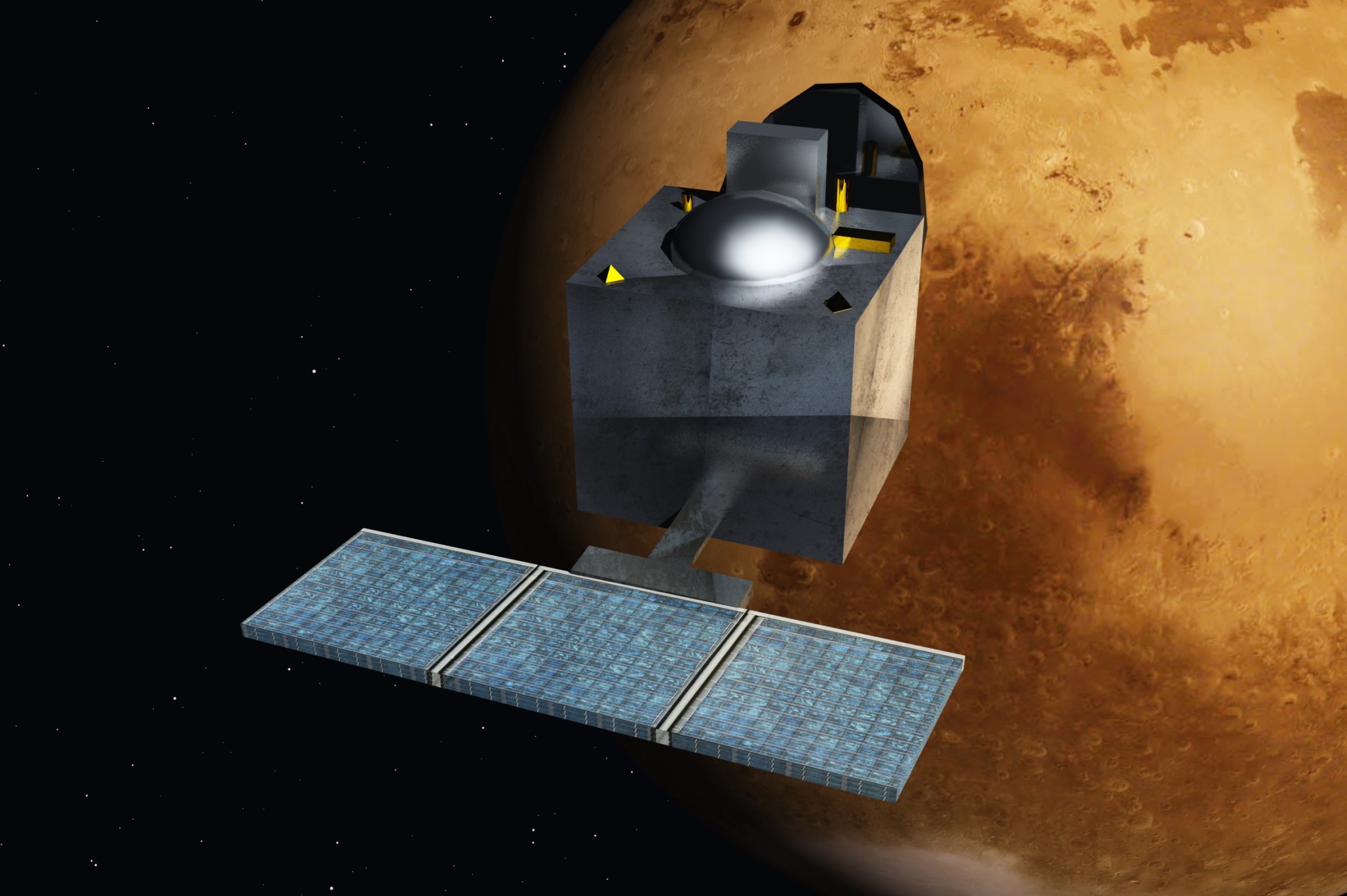 An artist’s concept art of India’s Mangalyaan mission. “People focus on Chandrayaan and Mangalyaan, and are often unaware of ISRO’s significant contribution to other spheres of India’s development,” Mishra says. (Source: <a href="https://commons.wikimedia.org/wiki/File:Mars_Orbiter_Mission_-_India_-_ArtistsConcept.jpg#/media/File:Mars_Orbiter_Mission_-_India_-_ArtistsConcept.jpg" target="_blank">Wikimedia Commons</a>)