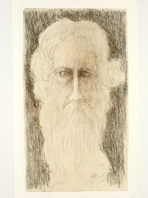 IS.94-1961 Lithograph Self portrait; Self portrait by Rabindranath Tagore, reproduction of drawing, Calcutta, ca. 1930-40 Rabindranath Tagore (1861-1941) Calcutta Ca. 1930-40 Reproduction of drawing.