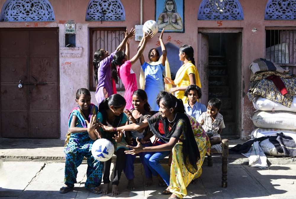 Girls instantly started playing as they got a ball during school lunch break, in Meeno Ka Naya Gaon.
