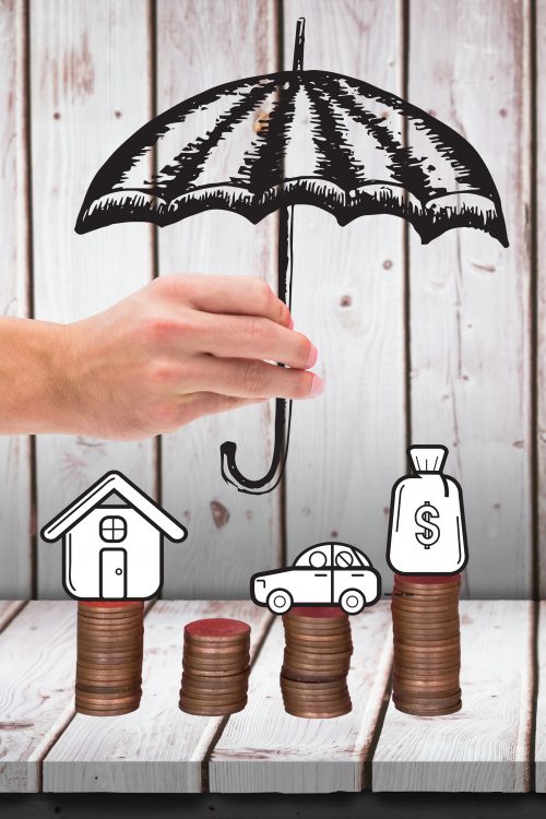 composite of umbrella graphic over cash graphics with wood background