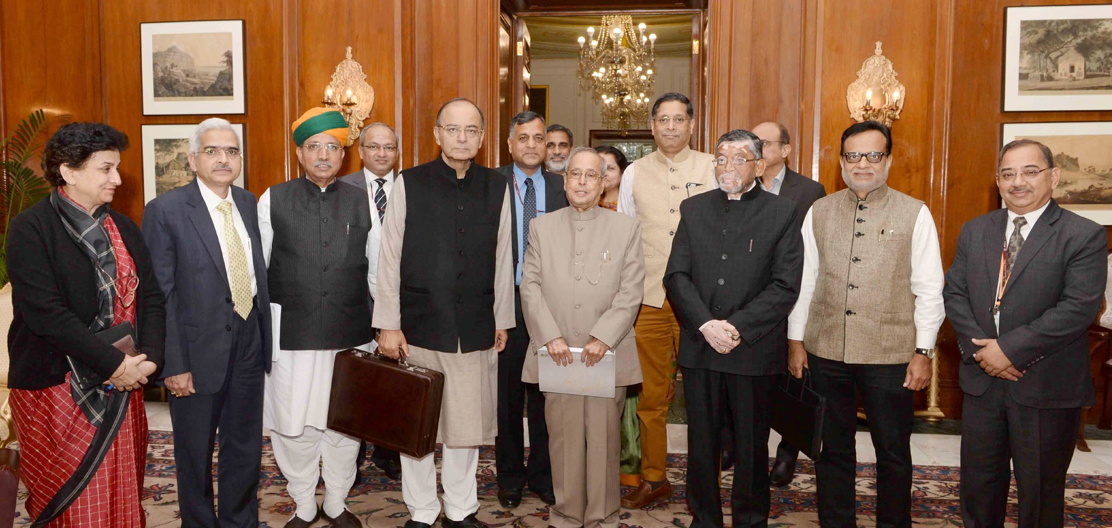 Union Minister for Finance and Corporate Affairs, Arun Jaitley, presenting the General Budget to the President, Pranab Mukherjee, on February 01, 2017.