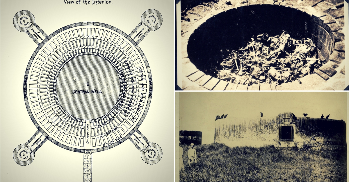 The Tower of Silence. Clockwise from left, a diagrammatic representation, the inside of the tower, and vultures on the perimeter (The vultures have since disappeared). Picture Courtesy: Wikimedia Commons.