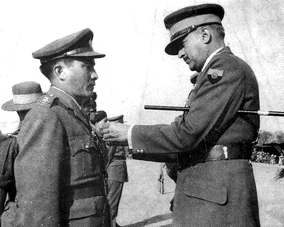 Major Rinchen receives the Sena Medal from the then Chief of the Army Staff, General J N Chaudhury (Source: Claude Arpi)