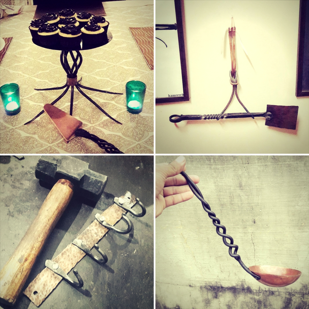 Clockwise from left- A cake-stand, a spatula, a ladle, and a key-hook. All built and forged by hand. Picture Courtesy:IRONic