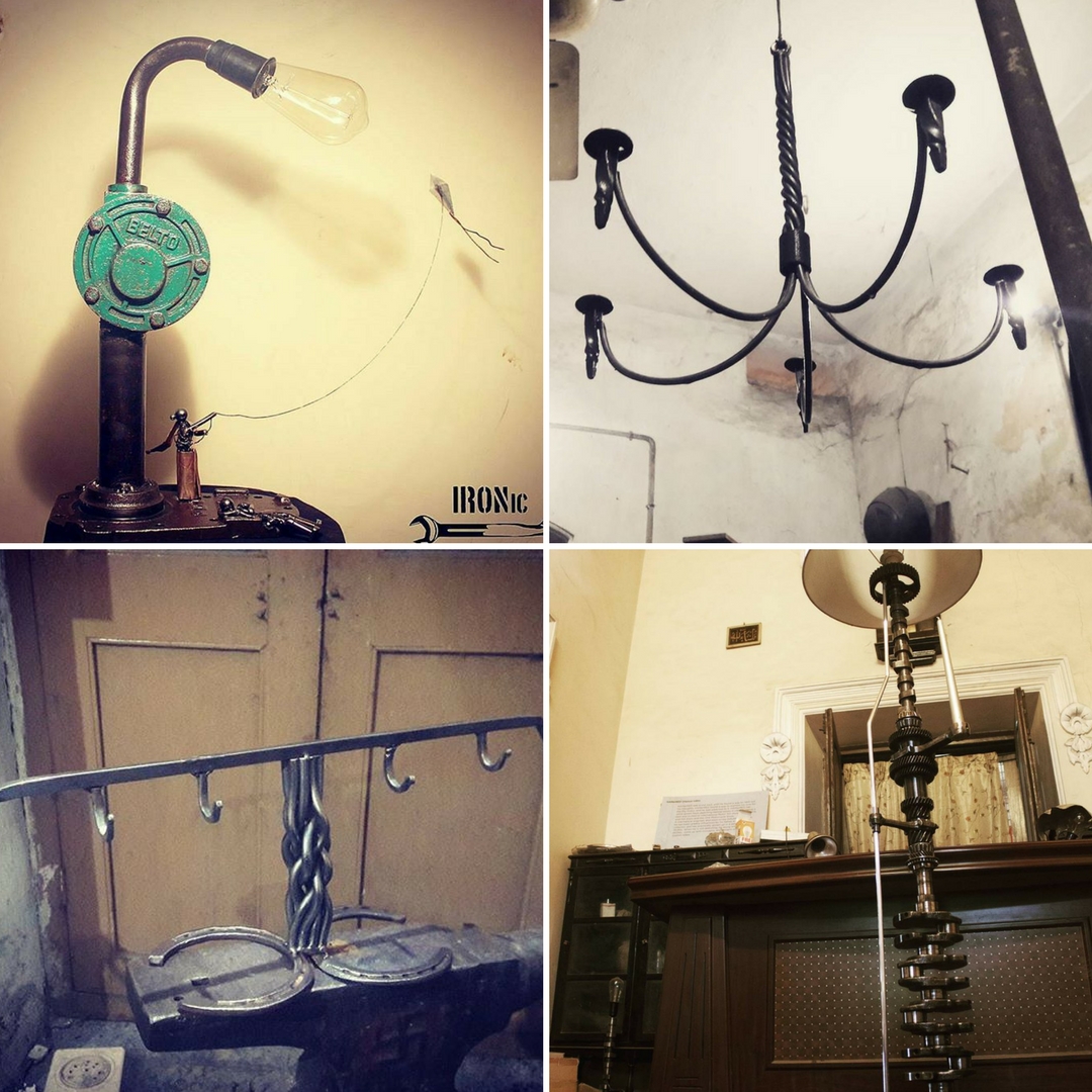 Clockwise from left- A table lamp, a hanging candle-stand, lamp-shade, and a key-hook. Hand-built, from scrap. Picture Courtesy: IRONic.