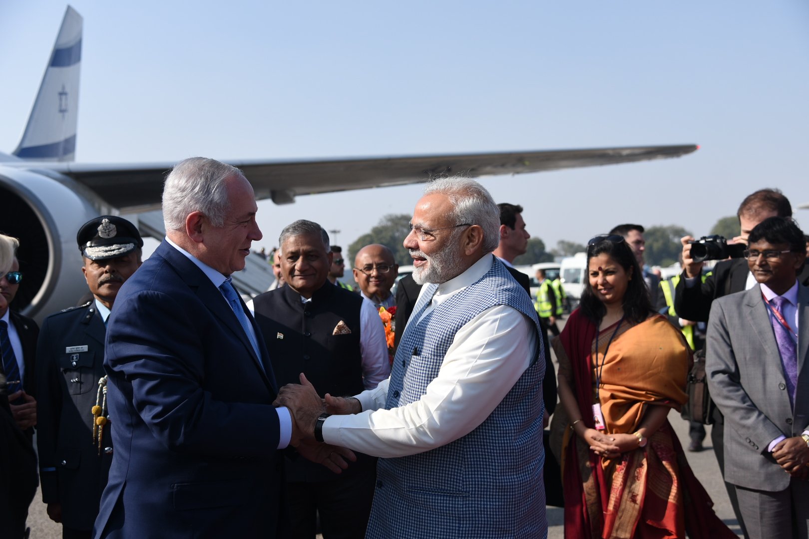 Indian Prime Minister Narendra Modi greeting his Israeli counterpart Benjamin Netanyahu in New Delhi. (Source: Twitter)