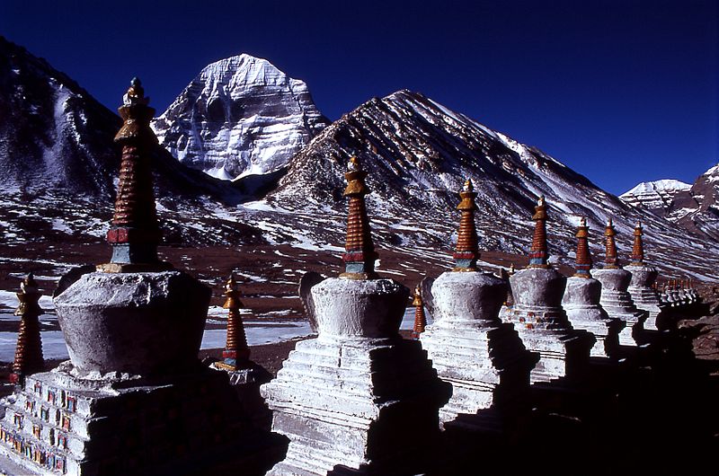 Buddhist Chortens with Mount Kailash in the background (Source: Wikimedia Commons)