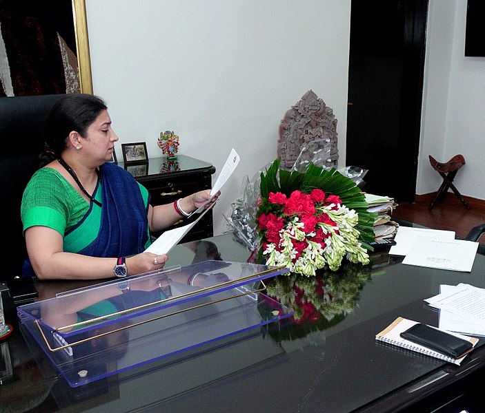 Union Minister of Information and Broadcasting Smriti Irani. (Source; Wikimedia Commons)