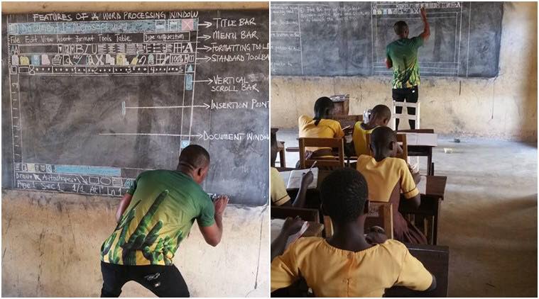 Richard Appiah Akoto teaching students Microsoft Word to students without a computer. (Source: Facebook)