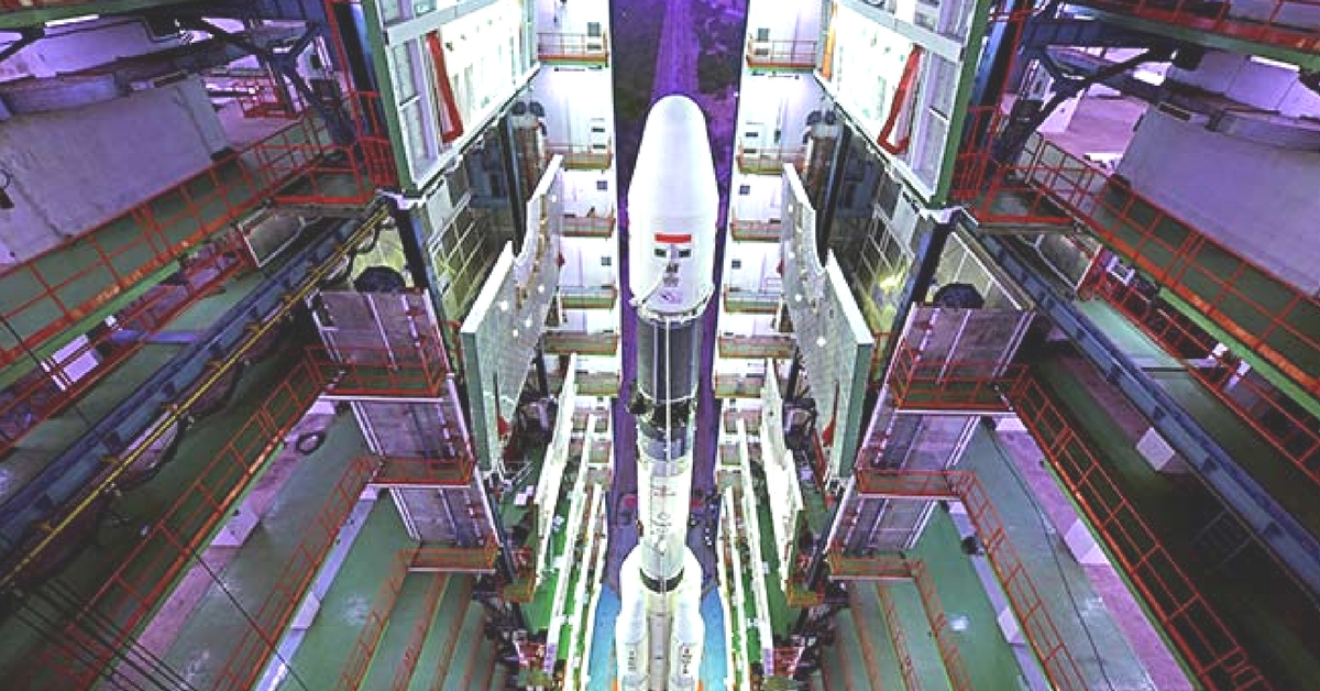 Fully Integrated GSLV-F08 inside the Vehicle Assembly Building. (Source: ISRO)