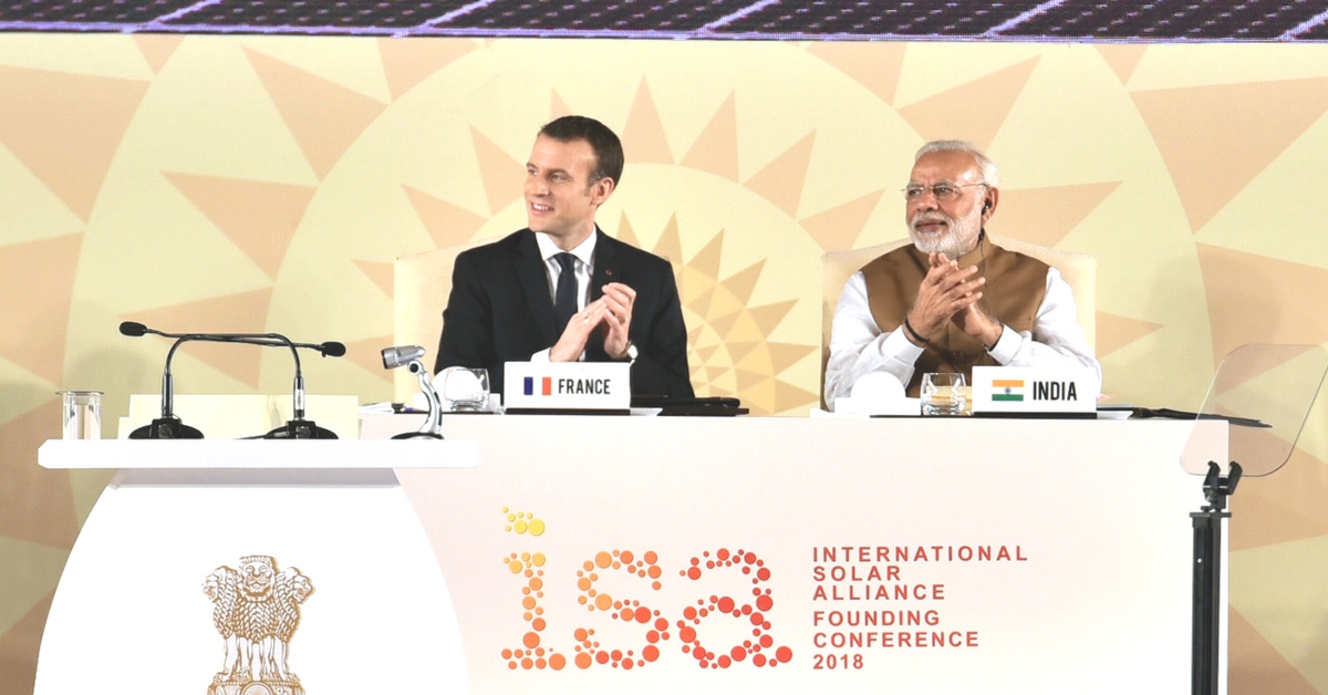 Prime Minister Narendra Modi and the President of the French Republic, Emmanuel Macron at the Founding Conference of the International Solar Alliance, at Rashtrapati Bhavan, in New Delhi on March 11. (Source: PIB)