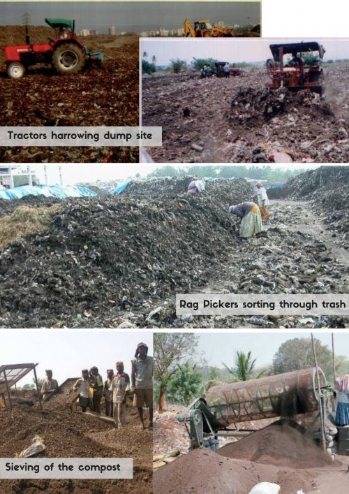 Tractors harrowing dump site