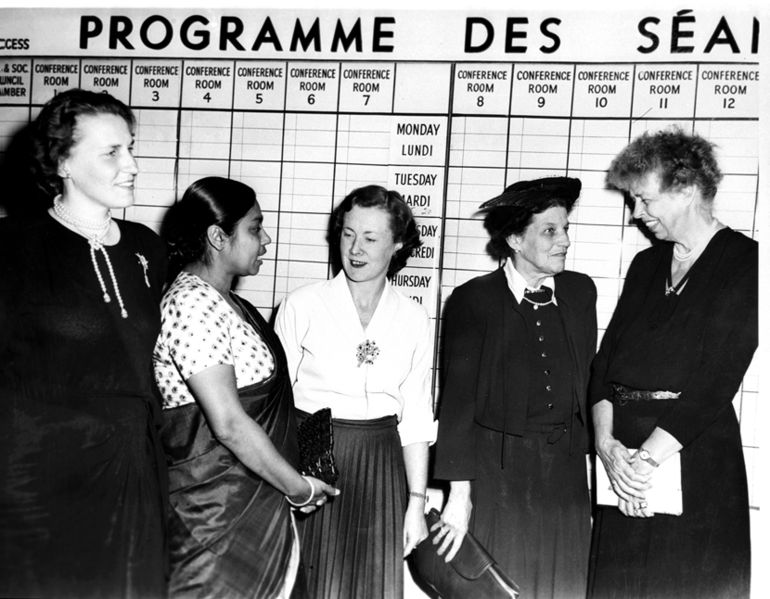 (Left to Right) Ulla Lindstrom, member fo the First chamber of Parliament, Sweden; Sucheta Kripalani, Member of the Constituent Assembly, India; Barbara Castle, Member of Parliament; Cairine Wilson, Senator, Canada and Franklin D. Roosevelt, United States of America. These women were attending the United Nations General Assembly session in 1949. (Source: Wikimedia Commons)