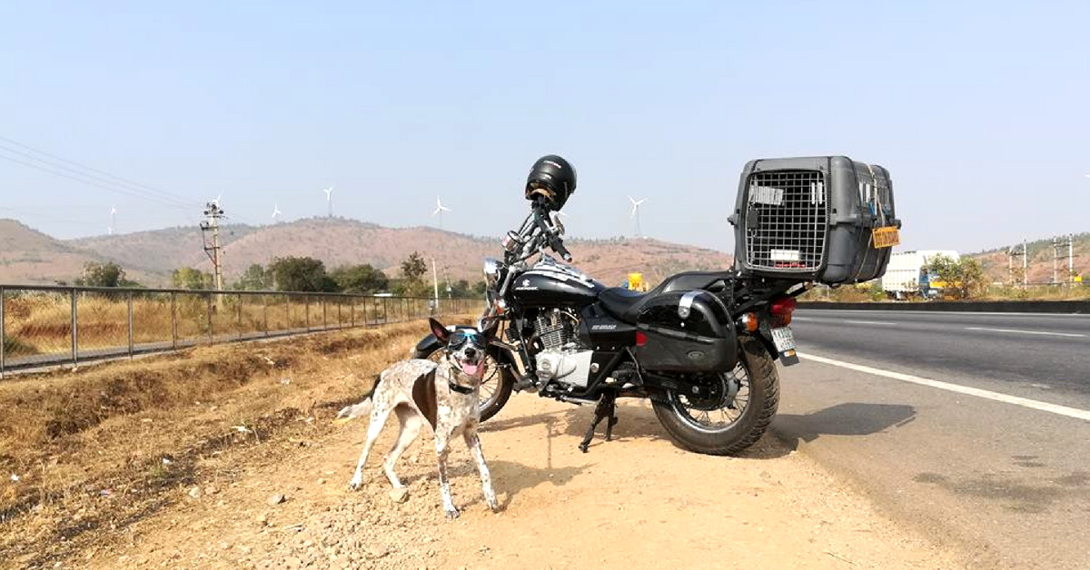 Chandramouli has her own pair of riding goggles, and a pet carrier to travel in comfort. Image Courtesy: Gowtham.