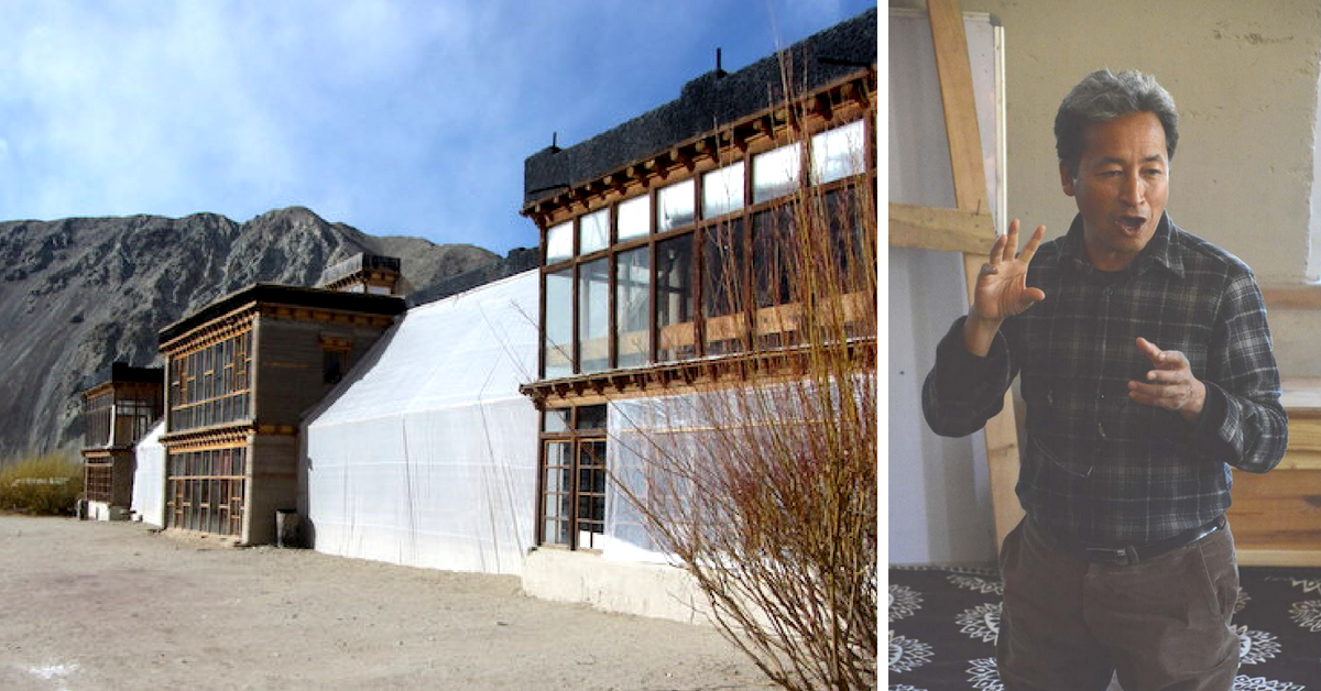 All buildings are oriented south, with a variation of 10-15 degrees, to maximise exposure to the Sun and encourage passive heating of the buildings. Sonam Wangchuk (on the right). (Source: India Climate Dialogue/HIAL) 